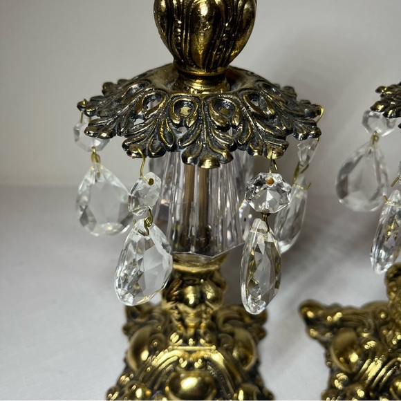 Vintage Hollywood Regency Brass Glass Prism Candlestick Candle Holders Set Of 2 - Picture 3 of 7